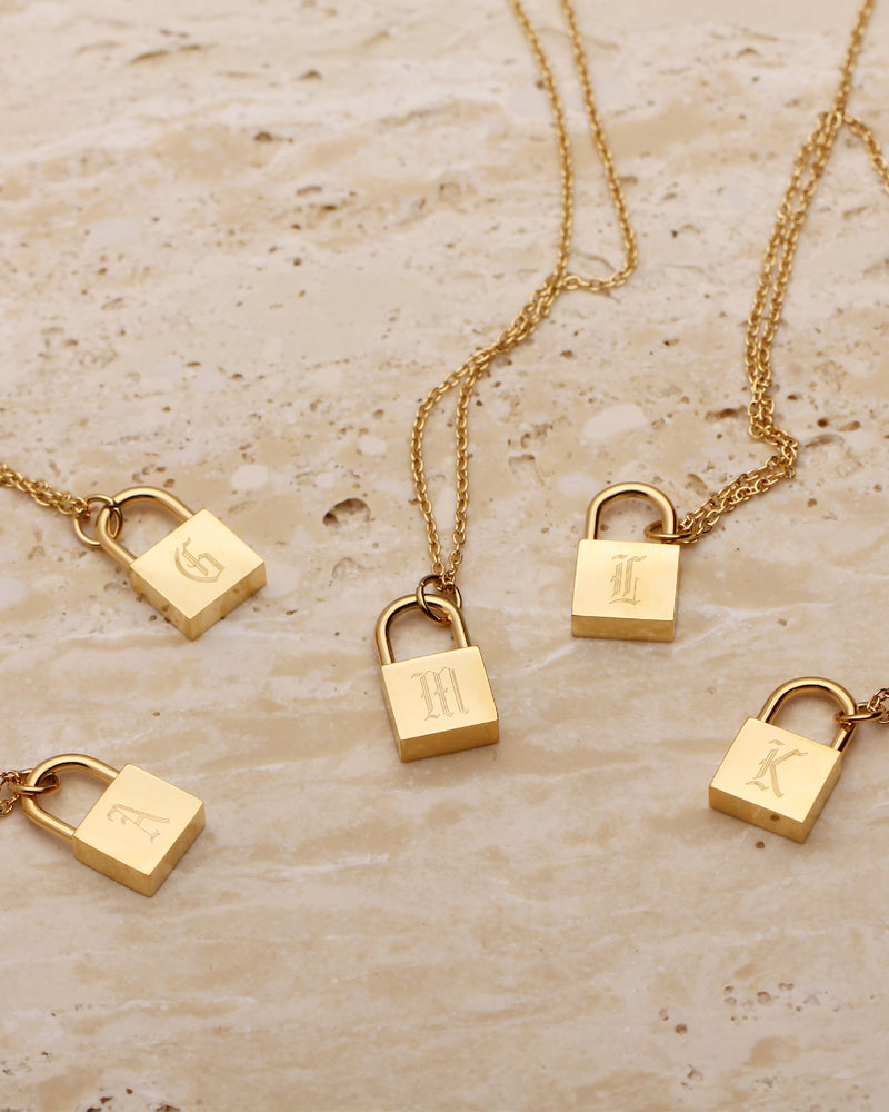 Gold Lock Necklace With Diamond Initial Letter - OurCoordinates